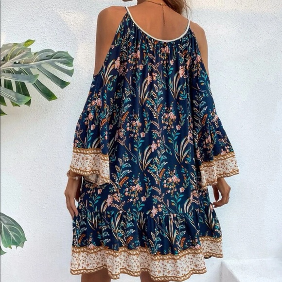 Boho Gypsy Floral Print Cold Off Drop Shoulder Tassel Dress - Picture 2 of 7